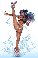 1girls alternate_breast_size armpits ass back big_ass big_breasts blue_eyes blue_hair breasts cleavage clothed dark-skinned_female dark_skin earrings feet female female_only flexible gloves gym_leader human leg_up long_hair looking_at_viewer looking_back nessa_(pokemon) nintendo open_toe_shoes panties poke_ball pokemon pokemon_ss pose shirt shoes sideboob solo splits spread_legs thick_thighs toes underwear vertical_splits water whistlerx wide_hips