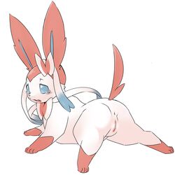 1:1 1girls 4_toes anus ass big_ears blue_eyes bodily_fluids bow canine ears_up eeveelution feet female female_only feral fur furry furry_only half-closed_eyes kesu_pu leg_markings long_ears lying mammal markings nintendo nude on_front open_mouth paws pink_ears pink_paws pink_tail pokémon_(species) pokemon presenting presenting_anus presenting_hindquarters pussy raised_tail rear_view ribbons snout socks_(marking) solo sylveon tail tears teeth thick_thighs tongue video_games wide_hips