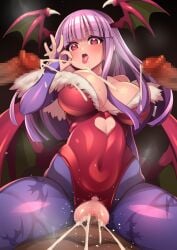 3boys blunt_bangs breasts censored commentary_request cowgirl_position darkstalkers demon_wings female gummyrise highres large_breasts leotard morrigan_aensland mosaic_censoring multiple_boys purple_hair red_leotard sex straddling strapless strapless_leotard wings