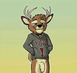 anthro antlers bottomless cervid clothed clothing flaccid fluffy green_eyes hoodie horn male mammal penis presenting smile smug standing tirrel tirrel_(character)