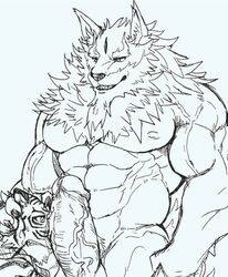 abs anthro black_and_white canid canine canis eurobeat felid humanoid_penis law_(sdorica_sunset) male male_only mammal monochrome muscular muscular_male nipples nude pang pantherine pecs penis sdorica_sunset smile tiger wolf