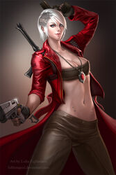 1girls blue_eyes dante deviantart devil_may_cry female female_only fingerless_gloves fully_clothed genderbend genderswap genderswap_(mtf) gun jacket lidthesquid navel navel_piercing necklace piercings red_jacket red_jewel rule_63 solo studded_leather sword weapon white_hair white_skin