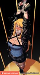 arms_up black_canary blonde_hair blue_eyes bondage boots bound bound_ankles bound_legs bound_wrists cage cleavage dc dc_comics dinah_lance female femsub fingerless_gloves gag gagged green_arrow_(series) hands_above_head hands_tied in_container leather_jacket rope skelebomb stuffed_mouth_gag sweat tape tape_gag taped_mouth tied_hands tied_legs tied_up