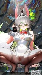 animal_ears arm_up bare_shoulders black_gloves black_hair black_shoes bow bowtie breasts brown_pantyhose chinese_commentary cleavage closed_mouth collar commentary_request covered_navel detached_collar fellatio_gesture female fingerless_gloves gloves green_eyes green_hair grey_hair hair_between_eyes hair_ornament hair_over_shoulder hezhi_go high_heels highres large_breasts large_variant_set leotard long_hair looking_at_viewer multicolored_hair original pantyhose pussy pussy_juice red_bow red_bowtie see-through_clothes see-through_pantyhose shoes sidelocks sleeveless solo spread_legs squatting sweat sweatdrop thighs tongue tongue_out variant_set very_long_hair white_collar white_leotard wide_hips