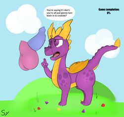 absurd_res dialogue disembodied_penis dragon english_text feral flaccid hi_res horn male male_only outside penis purple_eyes purple_scales scales sketchyyvun solo spyro spyro_the_dragon text video_games wings