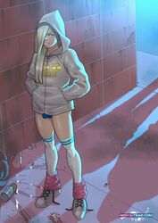 1boy 1femboy alley androgynous bimbo blonde_hair bulge chris_(tekuho) femboy feminine_male girly hoodie lipstick male_only original shortshorts tekuho trap