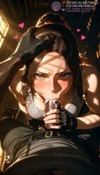 1boy :>= _dark_skin ai_generated bare_shoulders belt black_gloves black_pants blush breasts brown_eyes brown_hair cum cum_in_mouth cum_on_clothes dark-skinned_female dark-skinned_male dark_penis dark_skin ejaculation erection fellatio female fingerless_gloves freckles glaring gloved_handjob gloves grey_shirt grey_tank_top hand_on_another's_head handjob heart interracial kneeling lara_croft lara_croft_(classic) large_penis long_hair looking_at_viewer male medium_breasts meitabuu oral pants parted_bangs penis penis_grab penis_out ponytail pov pov_crotch saliva shirt solo_focus straight sweat tank_top tomb_raider uncensored veins veiny_penis