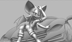 anthro anus areolae bat_wings black_and_white boots breasts car eyelashes furry gloves grayscale hand_on_head highres hotred is_(artist) looking_at_viewer mostly_nude nipples pointy_ears pussy race_car rouge_the_bat sega servedasis sonic_(series) sweat tail team_sonic_racing unfinished vagina wings