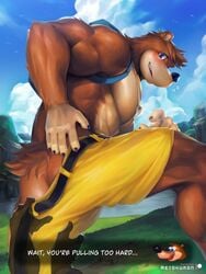 <3 ... 2019 abs anthro backpack bag banjo-kazooie banjo_(banjo-kazooie) bear belt blue_eyes blush bodily_fluids bottomwear brown_fur butt claws clothed clothing cloud dialogue disembodied_hand english_text fur furry heart jewelry looking_at_viewer looking_back male male_focus male_only mammal manly metokuron muscles muscular muscular_male necklace outside pecs pendant presenting presenting_hindquarters rareware shorts smile solo_focus sweat teeth text thick_thighs tooth_necklace topless undressing ursid video_games