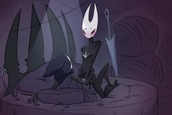 1boy 1boy1girl 1girls 2_horns anthro anthro_on_anthro anthrofied arthropod blush blushing cowgirl_position female flat_chest hollow_knight hood horn hornet_(hollow_knight) horns humanoid insects long_horn long_horns male on_bed quirrel sex straddling straight team_cherry white_horn white_horns yawntyy