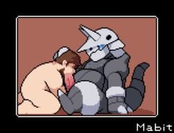 2019 2boys aggron animal_genitalia animated beard bodily_fluids chubby duo erection feet fellatio feral gay genital_fluids gif hair human interspecies mabit male male_only mammal nintendo nude oral original_character penis pixel_art pokémon_(species) pokebreeder_(mabit) pokemon pokemon_(species) pokemon_rse pokephilia scalie text thick_thighs video_games watermark wide_hips yaoi