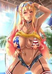 1girls adjusting_hair american_flag american_flag_bikini american_flag_legwear areolae armpits ass_visible_through_thighs bikini bikini_under_clothes bimbo black_collar blonde_hair blonde_pubic_hair blue_nails blue_shorts blush breast_tattoo breasts clothes_lift collar collarbone curvaceous curvy cutoffs dark-skinned_female dark_skin day denim denim_shorts drooling earrings erect_nipples eyebrows_visible_through_hair eyewear_on_head female female_pubic_hair flag_print garter_straps gradient_hair gravity_zero27 ground_zero gyaru hand_in_hair heart heart_earrings heart_tattoo highleg highleg_bikini highres huge_breasts jewelry large_areolae large_breasts lipstick long_hair looking_at_viewer makeup micro_shorts multicolored_hair nail_polish naughty_face navel necklace nipple_bar nipple_cutout nipple_piercing nippleless_clothes nipples o-ring_collar one_side_up open_clothes open_fly open_shorts outdoors pendant piercing pink_eyes pink_hair pubes pubic_hair pubic_hair_peek puffy_nipples revealing_clothes saliva scrunchie shatte_judevesten shirt_lift short_shorts shorts sky slingshot_tan solo star_cutout sun sunglasses sunglasses_on_head super_robot_wars super_robot_wars_x-omega swimsuit tan tanlines tattoo thick_thighs thighhighs tongue tongue_out unbuttoned very_long_hair white_lips zerogura