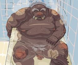 2014 anthro bathing belly closed_eyes humanoid_hands male male_only mammal marine moobs motogen navel nipples overweight overweight_male pinniped scar sitting solo walrus water