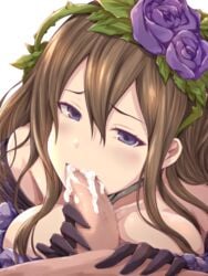 1boy absurdres bare_shoulders blush breasts brown_hair censored cleavage cum cum_in_mouth dress ejaculation fellatio female flower gloves granblue_fantasy hair_between_eyes hair_flower hair_ornament highres jewelry large_breasts long_hair mosaic_censoring nude oral penis purple_eyes rose rosetta_(granblue_fantasy) solo_focus straight twinameless very_long_hair