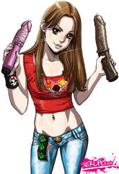 1girls abs breasts brown_hair clothed condom dildo holding jeans lisa_(tekuho) pants powerpuff_girls sex_toy shirt solo tekuho text