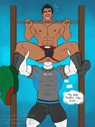 2boys abs anilingus ass bara black_hair blush boots bulge cum_in_ass duo english_text erection flaccid gay headingsouth jockstrap little_mac male male_only multiple_boys muscles muscular muscular_male nipples pants_around_ankles pants_around_one_leg punch_out rimjob rimming shorts_around_leg shorts_around_one_leg super_smash_bros. super_smash_bros._ultimate surprised text thought_bubble training video_games wii_fit wii_fit_trainer yaoi