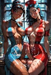 after_sex aftermath ai_generated blue_dress blue_hair choker cum cum_dripping_from_penis cum_on_clothes cum_on_stomach cum_on_thighs cumming_together cumshot dark_skin dark_skinned_female dark_skinned_futanari erect_penis erection eye_patch frottage futa_on_futa futanari large_breasts manofmidas nipple_piercing nurse nurse_cap penis penises_touching red_dress red_eyes sideboob skullgirls thighhighs underboob valentine_(skullgirls) white_gloves