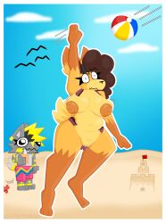 absurd_res anthro ball beach beach_ball blonde_hair blue_background bodily_fluids border bottomwear breasts bulge canid canine canis clothing cloud dark_hair drooling_on_partner duo embarrassed embarrassing_nudity exposed exposed_breasts female fox fur grey_body grey_fur hair heart_symbol hi_res hybrid hyena inflatable jumping male mammal revealing_breasts revealing_pussy saliva sand_castle sculpture simple_background smile sunscreen topwear torn_bottomwear torn_clothing torn_topwear unexpected white_border wolf yellow_body yellow_fur zo_(zoyeensadart) zoyeensadart