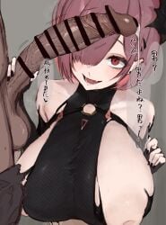 1boy 1girls absurd_res balls bare_shoulders blush breasts breasts_out censored censored_penis dark-skinned_male doburingo earrings erection eyebrows_visible_through_hair gloves goddess_of_victory:_nikke grabbing_penis hair_ornament hair_over_one_eye holding_penis horn huge_breasts imminent_sex japanese_text leaking_precum light-skinned_female nails nipples oerba_yun_fang open_mouth painted_nails pants_down penis penis_awe pink_hair red_eyes sideboob simple_background speech_bubble two_tone_hair ziz_(nikke)