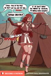 bit_gag blush bondage carrying cordelia_(fire_emblem) femsub fire_emblem fire_emblem_awakening gag gagged long_hair outdoors red_hair rock rope shackles skelebomb sweat tiptoes torn_clothes whip whipping