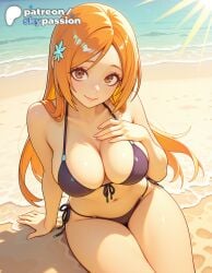 1girls 2026 ai_assisted ai_generated anime artist_name beach bikini black_bikini bleach breasts bust cleavage explicit front-tie_bikini hair_flower hair_ornament hand_on_own_chest hi_res high_quality high_resolution highres inoue_orihime large_breasts long_hair looking_at_viewer navel outdoors patreon patreon_username purple_bikini purple_thong sand shell shore side-tie_bikini sitting skypassion smile solo stable_diffusion swimsuit thong thong_bikini water watermark