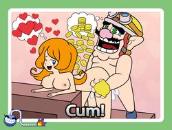 1boy 1girls artist_request blue_eyes blush breasts cum cum_inside ejaculation female from_behind human large_breasts male mario_(series) mona_(warioware) nintendo one_eye_closed orange_hair penetration sex smile source_request tagme wario warioware