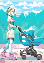 1girls ass baby_stroller bimbo blonde_hair breasts cleavage female female_only lipstick milf one-piece_swimsuit park revealing_clothes skimpy_clothes stroller tattoo tekuho text tight_clothing wristwatch