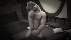 3d arm_hair bara barazoku black_and_white chest_hair covering_crotch covering_penis greyscale hairy hairy_male heavy_weapons_guy kneeling male on_bed scar_on_chest sfm solo solo_male source_filmmaker team_fortress_2 yaoi