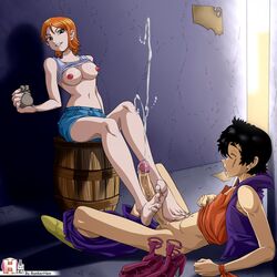 big_penis breasts cum cumshot feet female foot_fetish footjob footprint_on_sandals long_penis male nami nipples one_piece open_toe_shoes orange_hair penis rankerhen sandals sandals_removed shoes_removed short_hair toes