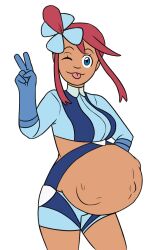 1girls baby_kicking belly_button blue_clothing blue_eyes fetal_movement gym_leader happy navel pokemon pokemon_bw pregnant pregnant_female rainbirdd ready_to_pop red_hair skyla_(pokemon) solo sticking_out_tongue v winking_at_viewer