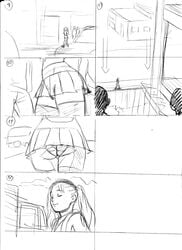 1girls ass comic lisa_(tekuho) monochrome outdoors panties rough_sketch schoolgirl sketch skirt tekuho twintails upskirt walking