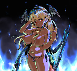 blonde_hair breasts collar dark_skin female head_wings highres horarezonu long_hair monster_girl navel navel_piercing nipple_piercing nipple_rings nipples original piercing pointy_ears pussy red_eyes smile solo tattoo uncensored wings