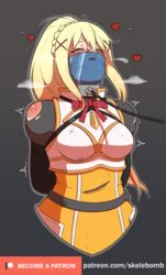 1girls blonde_hair bondage collar darkness_(konosuba) femsub gag gagged happy_sub heart kono_subarashii_sekai_ni_shukufuku_wo! leash skelebomb solo_female submissive_female sweat tagme torn_clothes