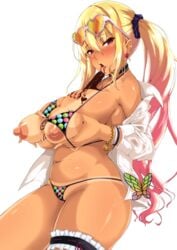 1girls bikini blonde_hair body_writing chocolate chocolate_heart chocolate_on_body chocolate_on_breasts curvaceous curvy earrings erect_nipples female female_focus female_only gravity_zero27 groping ground_zero gyaru heart-shaped_earrings heart-shaped_eyewear huge_breasts large_breasts lips looking_at_viewer nail_polish naughty_face red_eyes sexually_suggestive shatte_judevesten shorts sunglasses sunglasses_on_head super_robot_wars super_robot_wars_x-omega tan thick_thighs tongue tongue_out zerogura