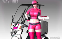 1girls 3d big_breasts breasts brown_eyes brown_hair cheeky delivery female female_only hand_on_hip holding_object legwear motorcycle pink_lips pizza pizza_rat pizza_takeout_obscenity rika_yagyu short_hair shorts standing topwear umemaro umemaro_3d wide_hips