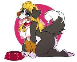 all_fours anthro bodily_fluids breasts canid canine canis collar cum cum_on_breasts cum_on_face domestic_dog drooling female genital_fluids mammal nipples petplay roleplay saliva seamen solo tongue tongue_out