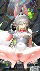 animal_ears arm_up bare_shoulders black_gloves black_hair black_shoes bow bowtie breasts chinese_commentary cleavage closed_mouth collar commentary_request covered_navel detached_collar fellatio_gesture female fingerless_gloves gloves green_eyes green_hair grey_hair hair_between_eyes hair_ornament hair_over_shoulder hezhi_go high_heels highres large_breasts large_variant_set leotard long_hair looking_at_viewer multicolored_hair no_panties no_pants original pussy pussy_juice red_bow red_bowtie red_ribbon ribbon shoes sidelocks sleeveless solo spread_legs squatting sweat sweatdrop thighs tongue tongue_out variant_set very_long_hair white_collar white_leotard wide_hips