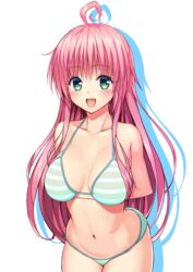 ahoge bikini blush breasts female fuchi_(touo) green_eyes lala_satalin_deviluke large_breasts long_hair pink_hair simple_background solo standing swimsuit to_love-ru