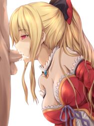 1boy absurdres bangs bare_shoulders blonde_hair blush bow breasts censored cleavage cum cum_in_mouth detached_collar dress ejaculation fellatio female granblue_fantasy hair_between_eyes hair_ornament hairbow highres large_breasts long_hair mosaic_censoring oral penis ponytail red_eyes shaded_face solo_focus straight twinameless vira_lillie