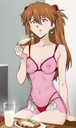 asuka_langley_sohryu condom_belt cum cum_on_food eating_cum gokkun nipples