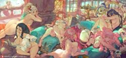 1girl, anime, ass, breasts, couch, cutesexyrobutts fantasy, female_only, fruit, group, high_detail horns, indoors, long_hair, lounging, mermaid, multiple_girls, nico_robin_(one_piece)yamato_(one_piece)nami_(one_piece)bonney_jewelry_(one_piece)vinsmoke_reijuboa_hancockshirahoshi nipples, nude, one_piece pirate, suggestive, sunlight telescope,