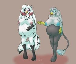 3_toes 5_fingers anthro avian beak belly big_breasts black_markings blue_eyes blue_nipples both_pregnant breasts bumpywish duo elena_(commanderwolffe) feet female fingers fluffy fluffy_tail grey_body grey_hair gryphon hasbro hi_res long_tail markings multiple_pregnancies my_little_pony mythological_avian mythological_creature mythology nipples pink_nipples ponytail pregnant pregnant_anthro pregnant_female purple_eyes signature simple_background tail toes walking white_hair wings