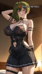 ai_generated arm_behind_head arm_strap arm_up bare_shoulders belt black_belt black_dress black_gloves blush breasts cleavage clothing_cutout covered_nipples dress female frieren_beyond_journey's_end gloves green_hair grin halterneck indoors lamp large_breasts long_hair looking_at_viewer meitabuu navel navel_cutout nipples parted_lips pleated_dress pleated_skirt purple_eyes see-through side_ponytail single_glove skindentation skirt smile solo sousou_no_frieren sweat thigh_beltubel_(sousou_no_frieren) thigh_strap thighs ubel_(sousou_no_frieren) wet