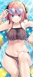 :p arm_up armpits bikini black_ribbon blue_eyes blunt_bangs blush breasts butterfly_hair_ornament collarbone eyebrows_hidden_by_hair eyewear_on_head female go-toubun_no_hanayome hair_ornament highres innertube large_breasts looking_at_viewer mameroku nakano_nino navel outdoors pink_bikini pink_hair pool raised_eyebrows ribbon smile stomach striped_bikini striped_clothes sunlight swim_ring swimsuit thick_thighs thighs tongue tongue_out twintails v wet wide_hips