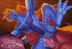 after_orgasm after_sex animal_genitalia animal_humanoid anthro bite blue_body blue_scales bodily_fluids claws cloaca cloacal_penis cum cum_drip cumshot divinity:_original_sin_2 divinity_(series) draslan dripping duo ejaculation fan_character fangs forked_tongue frill_(anatomy) genital_fluids genitals hi_res horn humanoid lizard_(divinity) lizard_humanoid lizardman male male/male multi_cumshot muscular muscular_anthro muscular_male neck_bite open_mouth orgasm_face penetration penile_spines penis red_body red_scales reptile reptile_humanoid reptilian_penis satisfaction satisfied satisfied_look scales scalie scalie_humanoid smile smiling_at_viewer smirk spines tail teeth the_red_prince tired_expression tired_look tongue tongue_out x-ray_view yellow_eyes