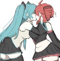 ! 2girls absurd_res absurd_resolution absurdres armwear bare_midriff bare_shoulders big_breasts black_armwear black_skirt blue_hair blush blush_lines blush_stickers breasts busty chubby chubby_female drill_hair duo duo_focus exposed_midriff fatass_teto_plush female female/female female_focus female_on_female female_only french_kiss french_kissing hair_covering_eye hair_covering_eyes hair_over_eyes hand_on_cheek hand_on_face hatsune_miku hi_res high_resolution highres kasane_teto kissing large_breasts lesbian_kiss light-skinned_female light_skin melink_(artist) meme midriff navel passionate red_eyes red_hair sideboob simple_background skirt slightly_chubby slightly_chubby_female thick_thighs thighs tongue tongue_kiss tongue_out tummy utau vocaloid white_background yuri