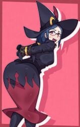 1girls ass big_ass blue_hair chained clothed curvy_figure dubious_consent emmavania little_witch_academia ponytail presenting_hindquarters red_eyes ursula_callistis witch_hat
