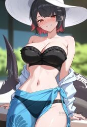 ai_generated bare_shoulders bikini black_bikini black_hair blurry_background blush breasts cleavage collarbone colored_inner_hair ellen_joe female fish_tail grin hair_ornament hat jacket large_breasts looking_at_viewer multicolored_hair navel off_shoulder red_eyes red_hair red_nails sarong shadowrealmarts shark_tail sharp_teeth short_hair smile solo stomach sun_hat swimsuit tail teeth two-tone_hair uncensored virtual_youtuber white_headwear zenless_zone_zero