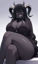 ai_generated breasts cleavage cozy cute hoodie large_breasts legs_crossed looking_at_viewer solo solo_female teasing the_binding_of_isaac the_siren_(the_binding_of_isaac) thick_thighs upskirt