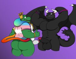 amphibian anthro arm_above_head armband ass balls belly big_balls big_belly big_butt big_pecs bisexual_pride_colors black_body blue_eyes bottomless bracelet clothed clothing crown dragaux dragon duo erection eye_contact fist flexing frog genitals gesture green_body grey_eyes hand_gesture headgear hi_res horn horned_wings jewelry lgbt_pride looking_at_another male male/male mamu mario_bros mostly_nude multicolored_body multicolored_clothing musclegut muscular muscular_anthro muscular_male mythological_creature mythological_scalie mythology necklace nintendo open_mouth overweight overweight_anthro overweight_male pecs penis pride_color_clothing pride_colors rainbow_clothing ring_fit_adventure robe royalty scalie smile tail thumbs_up transgender_pride_colors two_tone_body waniiime wart_(mario) white_body white_penis wings wristband
